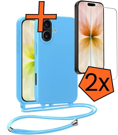 Hoesje Geschikt voor iPhone 17 Hoes Met Telefoonketting Met 2x Screenprotector - Backcover Geschikt voor iPhone 17 Case Met Koord - Lichtblauw