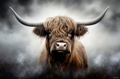 John Joseb Art (Glas) 120x80 | Schotse Hooglander in de mist, koe, stier, deels zwart wit | dier, Schotland, stijlvol, modern, bruin, grijs | Foto-schilderij-glasschilderij-acrylglas-acrylaat-wanddecoratie