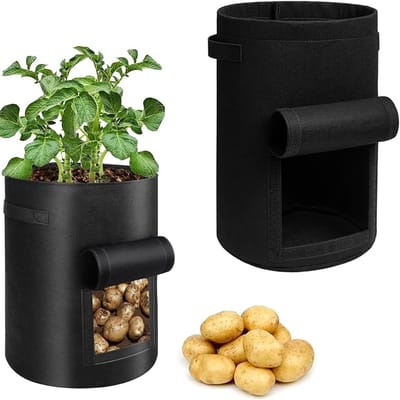 Ynkkvre -Set van 2 aardappelkweekzakken van 10 gallon met klep, stevige stoffen kweekzakken met handvat en oogstvenster, niet-geweven plantenzakken voor het kweken van groenten zoals aardappelen en tomaten, zwart