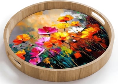 Dienblad rond 40x40 cm - Schootdienblad hout - Felgekleurd - Bloemblaadjes - Abstract - Borrelplank rechthoek - Plateau houten dienbladen