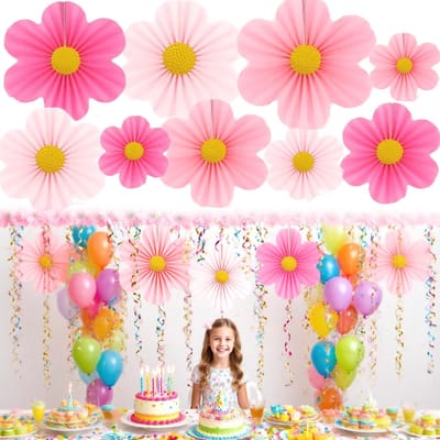 Dailygoods- Bloemenwaaiers Set van 9 - Papieren Bloemen - Hangende 3D Decoratie - Feestdecoratie - Tafeldecoratie - Tuindecoratie