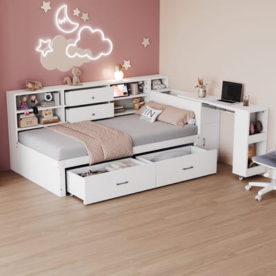 OKWISH Bed 90x200 cm - Multifunctioneel Met Uitschuifbaar Bureau En USB-Aansluiting - Met Verborgen Opbergruimte En 2 Grote Lades - Hout - Wit - Zonder matras