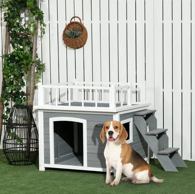HAUSS SPOLE Dierenhuis – 121 x 77 x 78 cm – Verhoogd Met Dakterras En Trap – Hout – Lichtgrijs – Voor Honden Met Ventilatie