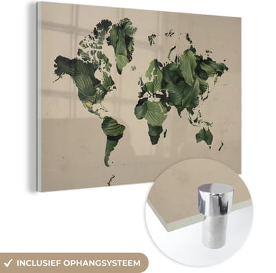 ® Glasschilderij 150x100 cm - Schilderij acrylglas - Wereldkaart - Bladeren - Groen - Foto op glas - Muurdecoratie woonkamer - Wanddecoratie slaapkamer - Schilderijen