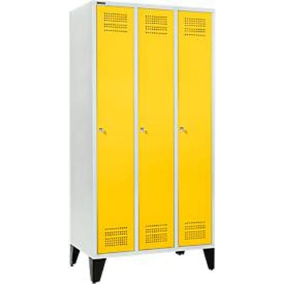 Schäfer Shop Genius Kledinglocker met poten, 3 compartimenten, 300 mm compartimentbreedte, cilinderslot, lichtgrijs/koolzaadgeel