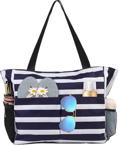 Ultiluxe® Grote strandtas strepen - Blauw/wit - Schoudertas voor volwassenen - 43 x 38 x 15 - Waterdicht - Handtas met ritssluiting - 8 vakken - Zwemtas, grote shopper, badtas - Grote capaciteit