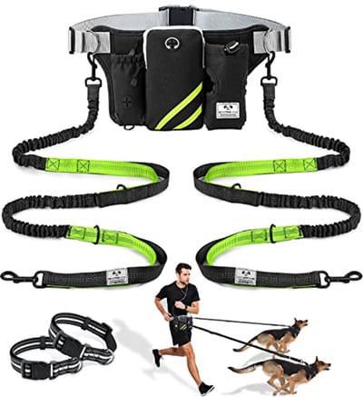 Verstelbare Intrekbare Handsfree Hondenriem met Dubbele Bungees voor 2 Honden - Reflecterende Veiligheid - Ideaal voor Wandelen, Joggen en Fietsen