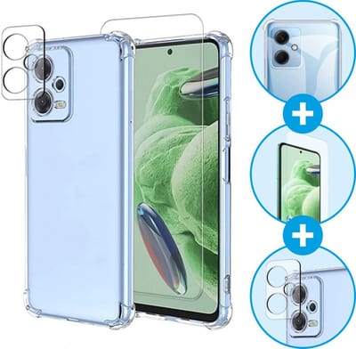 Schokbestendig Doorzichtig Hoesje Geschikt voor Xiaomi Redmi Note 12 5G + 9H Tempered Glass Screen Protector + Camera Protector Transparant