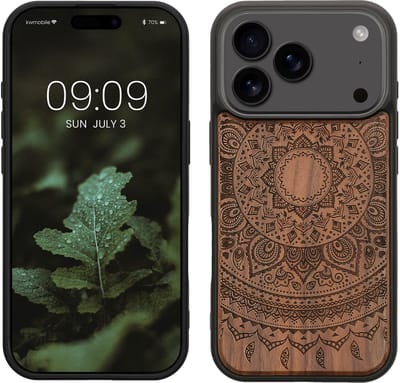 kwmobile telefoonhoesje geschikt voorApple iPhone 18 Pro / iPhone 17 Pro - Hoesje met bumper - hout - In donkerbruin Indian Sun design