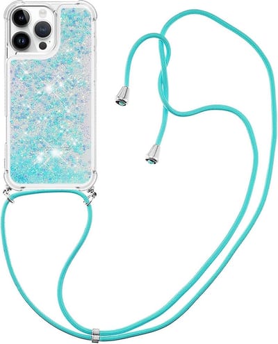 Coverup Hoesje - Geschikt voor iPhone 16 Pro Hoesje - Coverup Liquid Glitter Back Cover met Koord - Lichtblauw