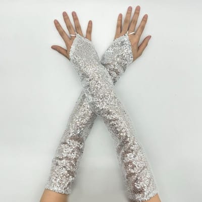 Moufles Sexy à Doigts Longs Crochus 48cm pour Femmes Gants sans Doigts Vintage à Sequins Accessoire de Fête Cosplay Boîte de Nuit Scène One Size gray