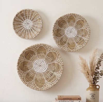 StudioBoho - Set van 3 Gevlochten Zeegras Wandschalen (Ø35, 30, 25cm) - Ronde Boho Wanddecoratie, Woondecoratie & Woonaccessoires - Handgemaakte Rieten Muurmanden Woonkamer Slaapkamer - Bohemian Ibiza Stijl Wandborden - Natuurlijk Rotan Muurdecoratie