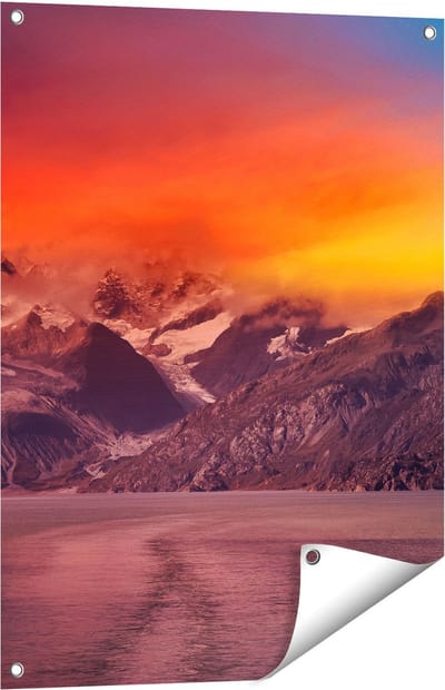 Gards Tuinposter Meer bij de Bergen bij Zonsondergang - 60x80 cm - Tuindoek - Tuindecoratie - Wanddecoratie buiten - Tuinschilderij