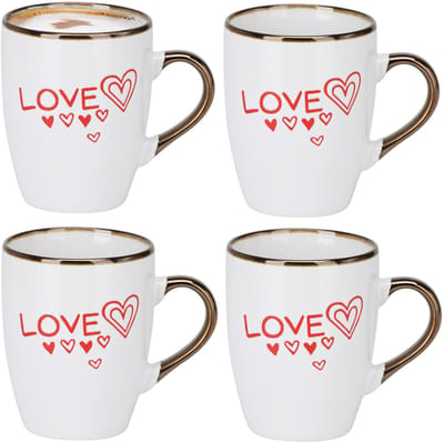 Siaki Koffiemok / theemok Love - 4x - wit/goud - 300 ml - mokken - aardewerk - valentijnsdag - tas - cadeaumok