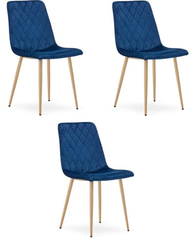 Set van 3 eetkamerstoelen TURIN - Donkerblauw fluweel - Eikenlook poten - Modern design