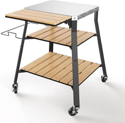 Draagbare RVS Grillwagen met WPC Planken, Multifunctionele Keuken Eiland Kar voor Buiten BBQ en Koken, Ideaal voor Kamperen en Tuinfeesten
