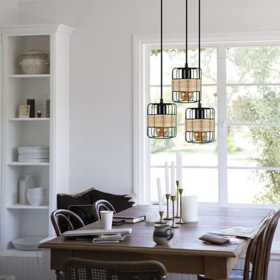 Glitzerlife - Hanglampen - Vintage Rustikaal - 3xE27 - Dimmbaar - Bamboe Metaal - Ø25cm - Zwart - Hanglampen eetkamer industrieel - Woonkamer slaapkamer keuken boho