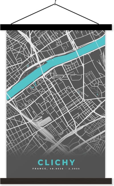Posterhanger incl. Poster 40x60 cm - Schoolplaat - Kaart - Stadskaart - Plattegrond - Frankrijk - Clichy - Textielposter - Zwarte latten - Stadskaart