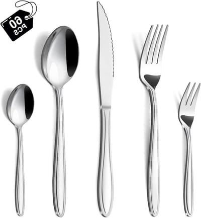 Elegante Bestekset voor 12 Personen, 60-delige RVS Tafelset met Lijnhandvat, Geschikt voor Thuis, Restaurant en Feesten, Vaatwasserbestendig