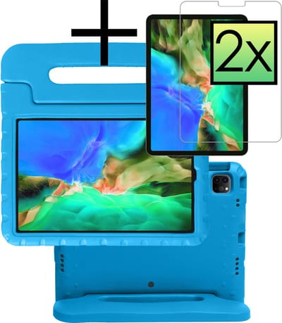Hoes - Geschikt voor Apple iPad Pro (2022) - 11 inch - 4e generatie - Met 2x Screenprotector - Kinderhoes Shockproof Bumper - Kidsproof Case - Tablet Hoesje - Kinder Cover - Blauw