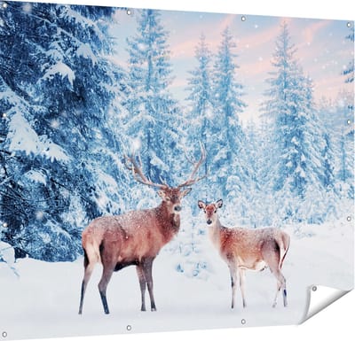 Gards Tuinposter Twee Herten in het Bos met Sneeuw - 150x120 cm - Tuindoek - Tuindecoratie - Wanddecoratie buiten - Tuinschilderij