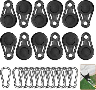 Tarpclip, 12 sets plastic tarpclips en roestvrijstalen karabijnhaak, kampeertentclip, tarpbevestigingsclips, windclip voor tentluifel, kamperen in de buitenlucht - Cyslmuk®
