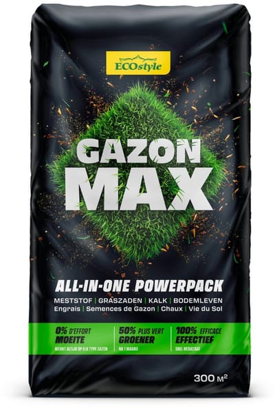 ECOstyle GazonMax 15 kg - All-in-one Powerpack - Gazonmest, Graszaad, Kalk & Bodemleven - voor 300m2 gazon - 0% moeite - 50% groener na 1 maand - 100% effectief
