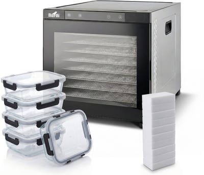 BARDI Professionele 10 Laags Voedseldroger - Dehydrator - Droogoven RVS - 24-Uurs Timer - Led-bedieningspaneel - 1000 Watt Met 5 delige glazen meal prep bakjes en 10 wondersponzen