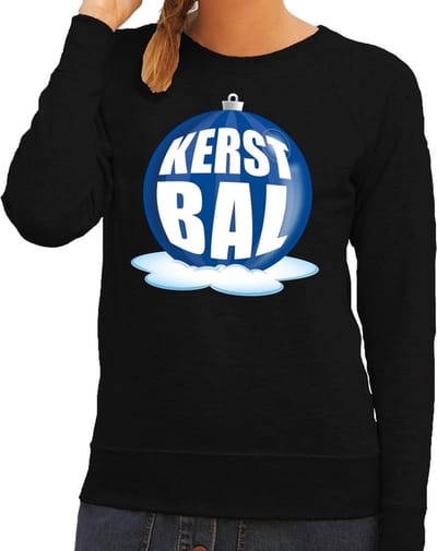 Foute kersttrui kerstbal blauw op zwarte sweater voor dames - kersttruien S