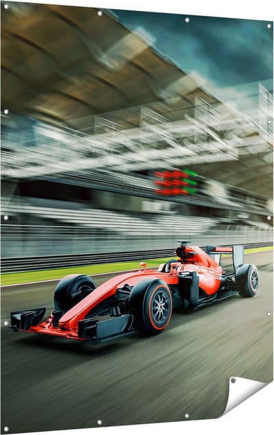 Gards Tuinposter Formule 1 Auto bij de Finish in het Rood - 120x160 cm - Tuindoek - Tuindecoratie - Wanddecoratie buiten - Tuinschilderij