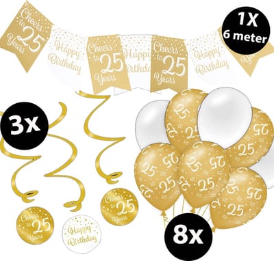 Verjaardag Versiering Pakket 25 jaar Wit en Goud - Ballonnen Goud & Wit (8 stuks) - Vlaggenlijn Goud en Wit 6 meter (1 stuks) - Vlaggenlijn gekleurd 25 jarige - Vlaggetjes Slinger Verjaardag 25 Birthday - Birthday Party Decoratie (25 Jaar)