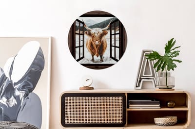 WallCircle - Wandcirkel - Muurcirkel - Schotse Hooglander - Landschap - Landelijk - Bergen - Winter - Doorkijk - Donker - Aluminium - Dibond - 60x60 cm - Binnen en Buiten
