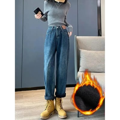 Warme Fluwelen Dames Jeans met Wijde Pijpen Koreaanse Mode Dikke Pluche Rechte Denim Broek Herfst Winter Casual Hoge Taille S blauw