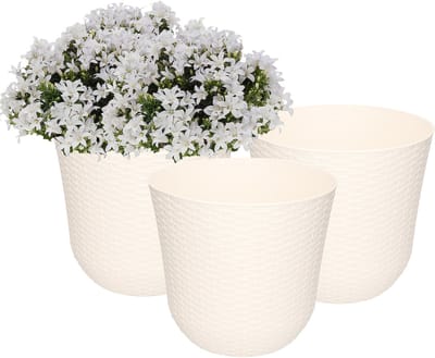 PlasticForte Plantenpot - 3x - wit - rotan kunststof - D25 x H23 cm - bloempot