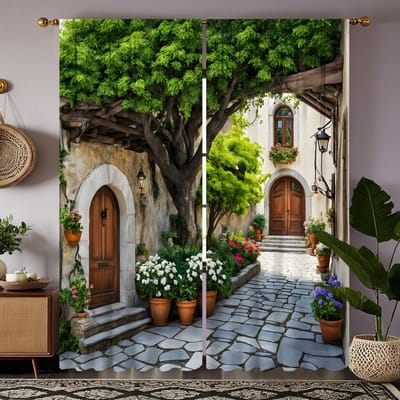 2 pièces HD Jardin Jardin Ville décoration rideau Vert lien rideau imprimé numérique Décoration de style Décoration salon W52H63inchW132H160cm black