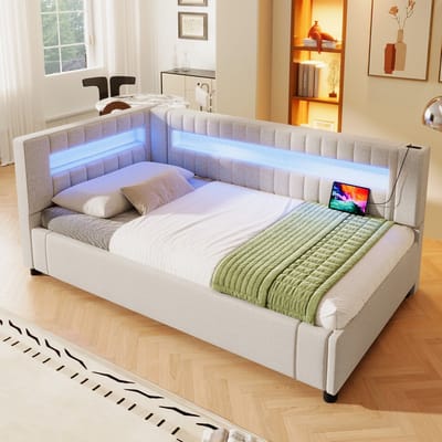 Sweiko Slaapbank - 90 x 200 cm - LED-verlichting - USB + Type-C - Linnen - Beige