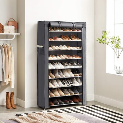 Famanu - Schoenenrek met 10 niveaus, 28 x 88 x 160 cm, schoenenkast, schoenenopberger, met stofkap, schoenenopberger, voor hoge hakken, sportschoenen, metalen frame, grijs RXJ36G