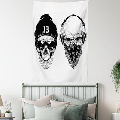 ABAKUHAUS zwart-wit wandtapijt, grappige schedelband, woonkamer slaapkamer wanddoek zijdezacht satijn wandtapijt, 100 x 150 cm, wit zwart