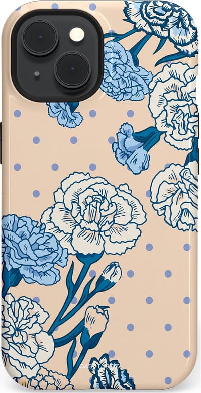 Casetastic hoesje geschikt voor Apple iPhone 15 - MagSafe - Dubbellaagse bescherming - Anjer elegantie - Fashion Case - Zand Zilver Lichtblauw