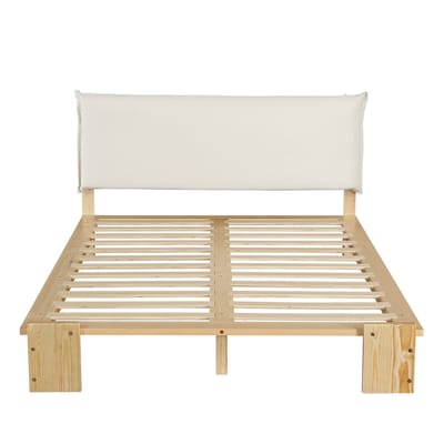 Gestoffeerd Bed / Eenpersoonsbed Kinderbed 140×200cm Naturel, Met Gevuld Hoofdbord, Stabiele Lattenbodem en Brede Poten van Kieferhout, Spons en Multiplex, Zonder Matras