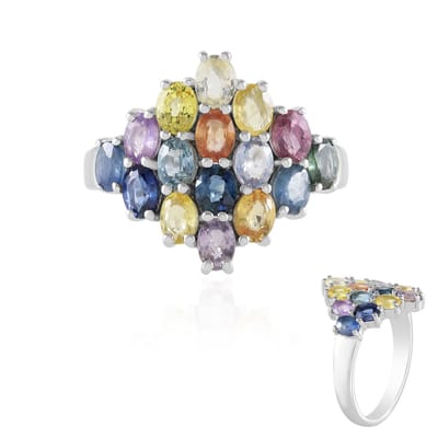 Cavill - Zilveren Ring met 16 Ovaal Geslepen Saffieren 3,078 ct - 925 Sterling Zilver Platina Gecoat - Elegante Bloemvorm - Madagaskar Edelstenen