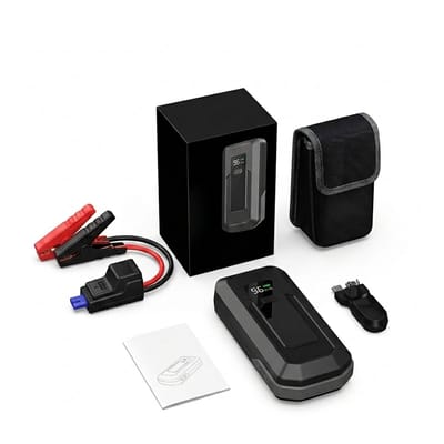 KAD® Starthulp - Jumpstarter Auto - 3000A Piekstroom - 12V Powerbank - Zaklamp - Zwart - 4cm x 9cm x 18cm