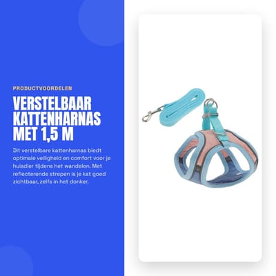 Dailygoods- Kattenharnas met 1,5 m lijn - Verstelbaar - Antiontspanning - Reflecterende strepen - Duurzaam - Lichtgewicht