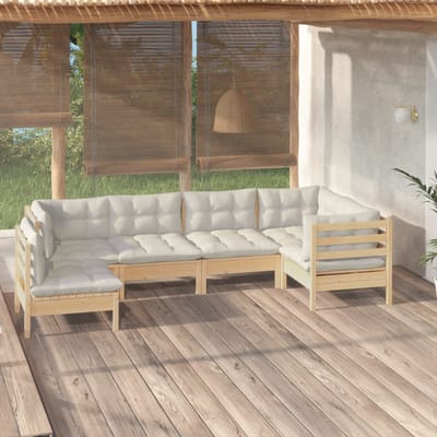 vidaXL - 6-delige - Loungeset - met - crèmekleurige - kussens - grenenhout
