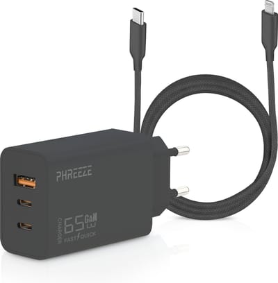 65w usb C stekker geschikt voor iPhone 14/13/12/11/X + Lightning naar usb-C kabel 3 meter - Zwart