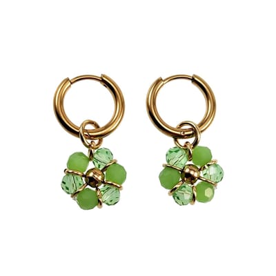 ∅14mm x 2mm Oorringen Dames - Verguld RVS - Lichtgroene Gefacetteerde Kristallen Bloem Hanger - Bungelende Oorbellen