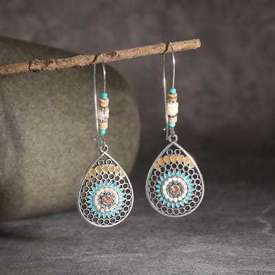 Vintage Holle Waterdruppel Metalen Oorbellen Voor Vrouwen Legering Kristal Etnische Kralen Boho Kleurrijke Bloem Hangende Oorbellen Sieraden Cadeaus gray