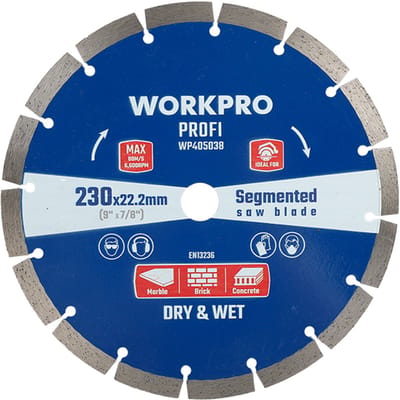 WORKPRO WP405038 – Diamantschijf Ø230 mm x 22,2 mm – Gesegmenteerd – Voor Beton, Steen & Tegels – Droog & Nat Gebruik