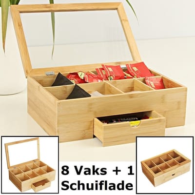 XL Theedoos 9 Vaks - Luxe grote theedoos 9 vaks - Met doorzichtig venster - Bamboe - Hout - 9 vaks theekist voor thee
