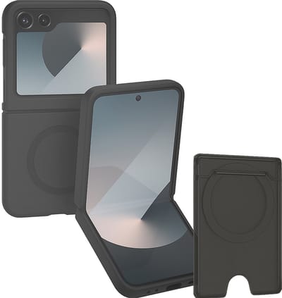 SnapSkin Hoesje & Pasjeshouder geschikt voor Samsung Galaxy Z Flip 7 FE / Flip 6 - Geschikt voor MagSafe Case - Magnetische Kaarthouder - Semi-Transparant Zwart